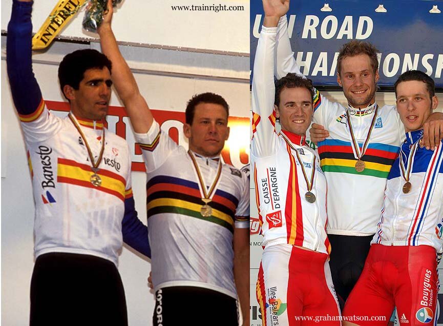 Miguel Indurain and Lance Armstrong on the podium of the 1993 World Championships. Alejandro Valverde (alongside Boonen and Geslin) on the podium in 2005, one of three times he's finished on the podium.