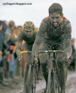 A mudcaked Sean Kelly in Paris Roubaix. Just one of the variety of races that Kelly was capable of winning.