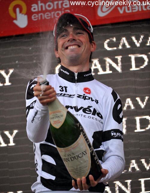 Philip Deignan celebrating after easily outsprinting Roman Kreuziger to win Stage 18 of the 2009 Vuelta a Espana.