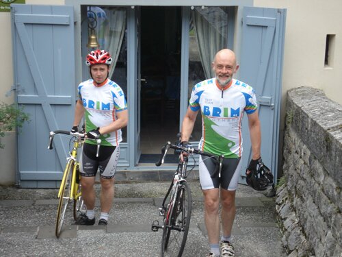 Setting out from the house in Sarrance with Uncle Barry in our Brim Brothers jerseys.
