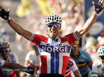 Thor Hushovd celebrating victory in the 2010 World Road Race