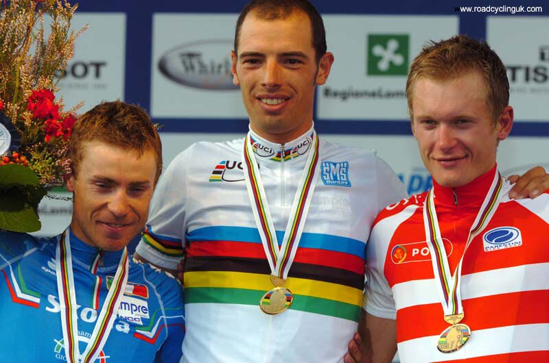 Alessandro Ballan and Damiano Cunego (along with Matti Breschel) on the podium of last year's World Championship road race in Varese.