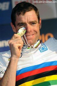 Cadel Evans on the top step of the podium with Australia's first ever gold medal in the World Championship Road Race