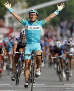 Vinokourov winning the final stage of the 2005 Tour de France. The sight of Vino crossing the finish line first these days would prove to be a very unpopular sight.