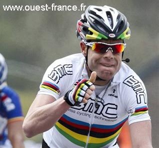 World Champion Cadel Evans celebrates winning Fléche Wallonne, his first ever classics victory.