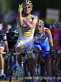 Mark Cavendish celebrates a stage win at the Tour of Romandie by sticking his fingers up at all his detractors.