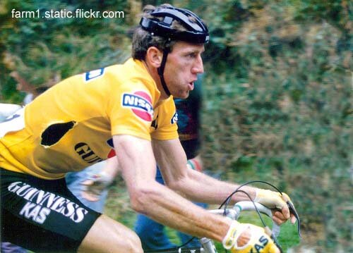 Sean Kelly wears the yellow jersey (complete with rip massive rip) in the Nissan Classic.