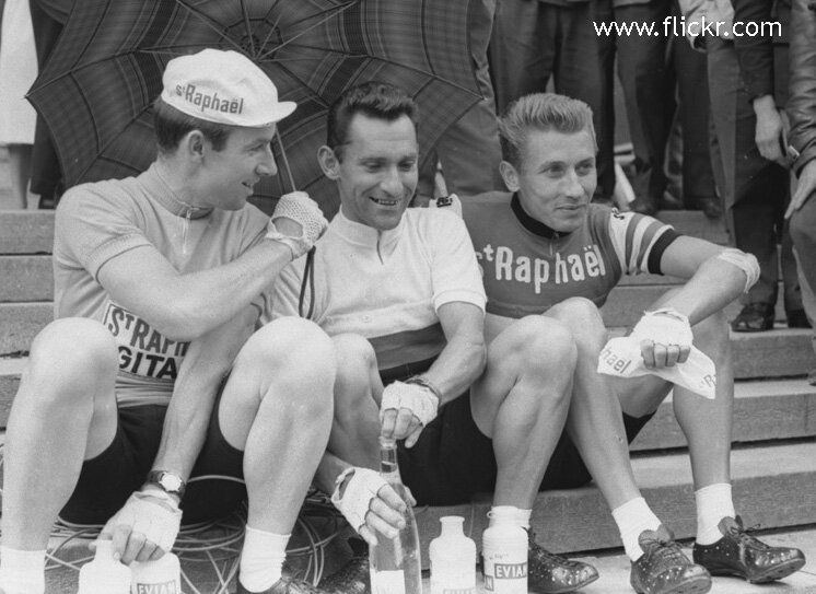 Shay Elliott alongside team mates, 1962 World Champion Jean Stablinski who wears the Rainbow Jersey and Jacques Anquetil, the five time Tour de France winner