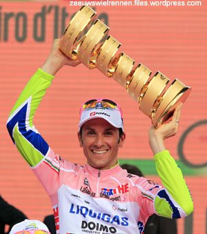 Ivan Basso celebrates winning the Giro for a second time having previosuly won in 2006.