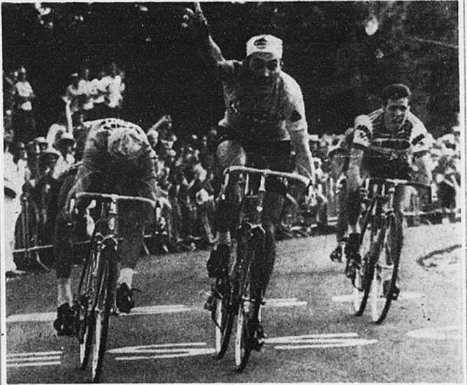 Stage 15 - 1972. Merckx celebrates prematurely as Guimard takes another win.